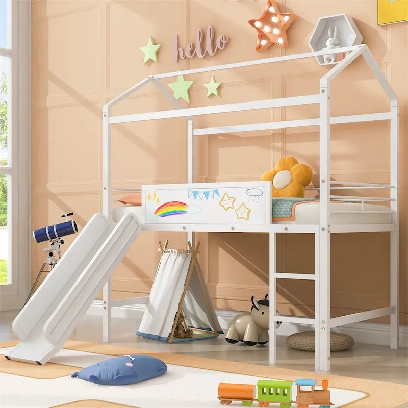 Metal Twin House Loft Bed with Two-sided writable Wooden Board, Slide