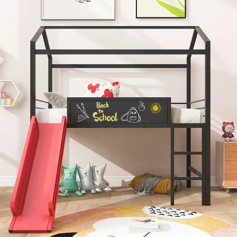 Metal Twin House Loft Bed with Two-sided writable Wooden Board, Slide