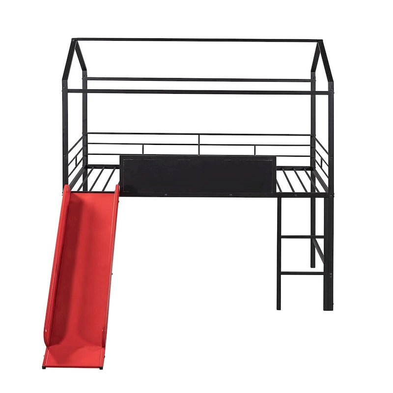 Metal Twin House Loft Bed with Two-sided writable Wooden Board, Slide