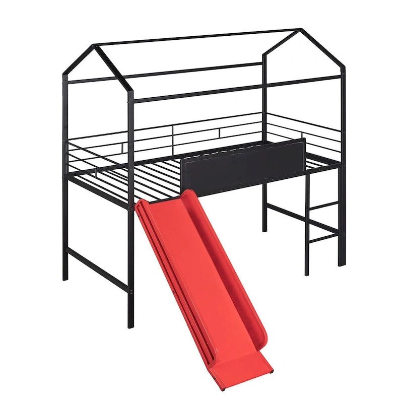 Metal Twin House Loft Bed with Two-sided writable Wooden Board, Slide