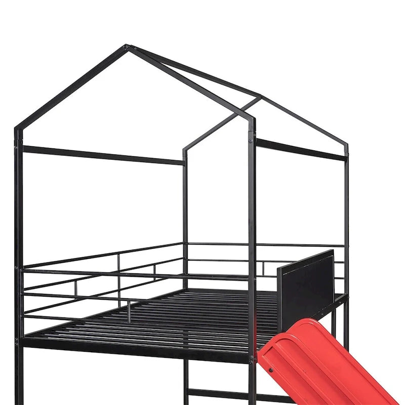 Metal Twin House Loft Bed with Two-sided writable Wooden Board, Slide