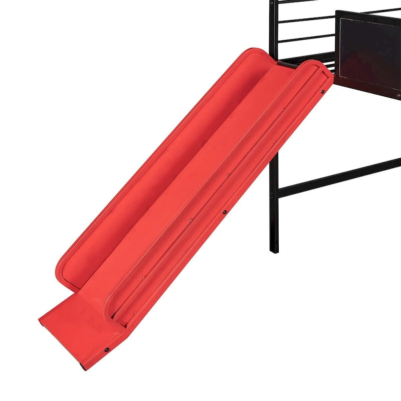 Metal Twin House Loft Bed with Two-sided writable Wooden Board, Slide