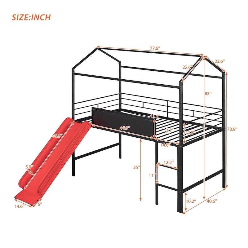 Metal Twin House Loft Bed with Two-sided writable Wooden Board, Slide