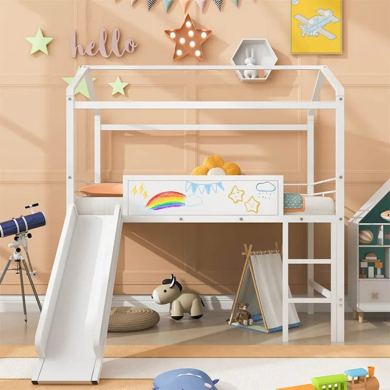 Metal Twin House Loft Bed with Two-sided writable Wooden Board, Slide