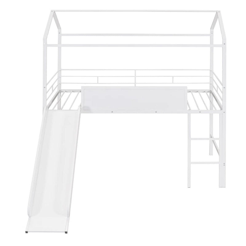 Metal Twin House Loft Bed with Two-sided writable Wooden Board, Slide