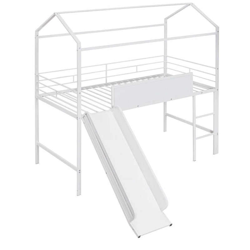 Metal Twin House Loft Bed with Two-sided writable Wooden Board, Slide