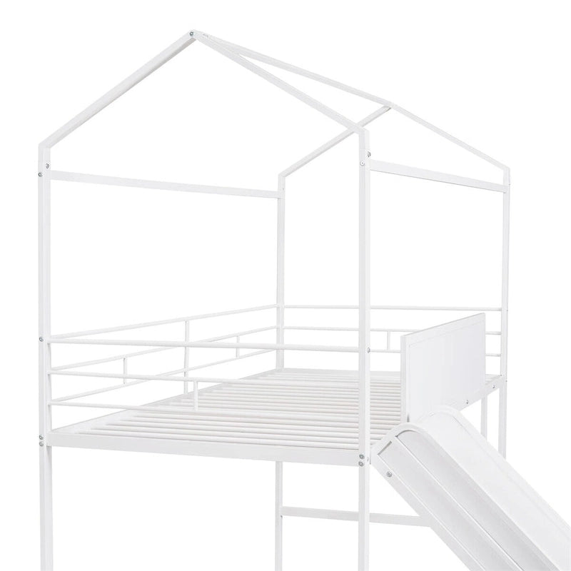 Metal Twin House Loft Bed with Two-sided writable Wooden Board, Slide