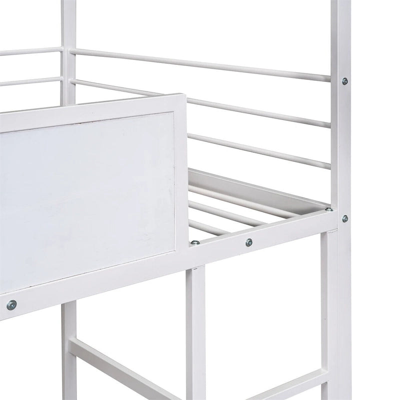 Metal Twin House Loft Bed with Two-sided writable Wooden Board, Slide