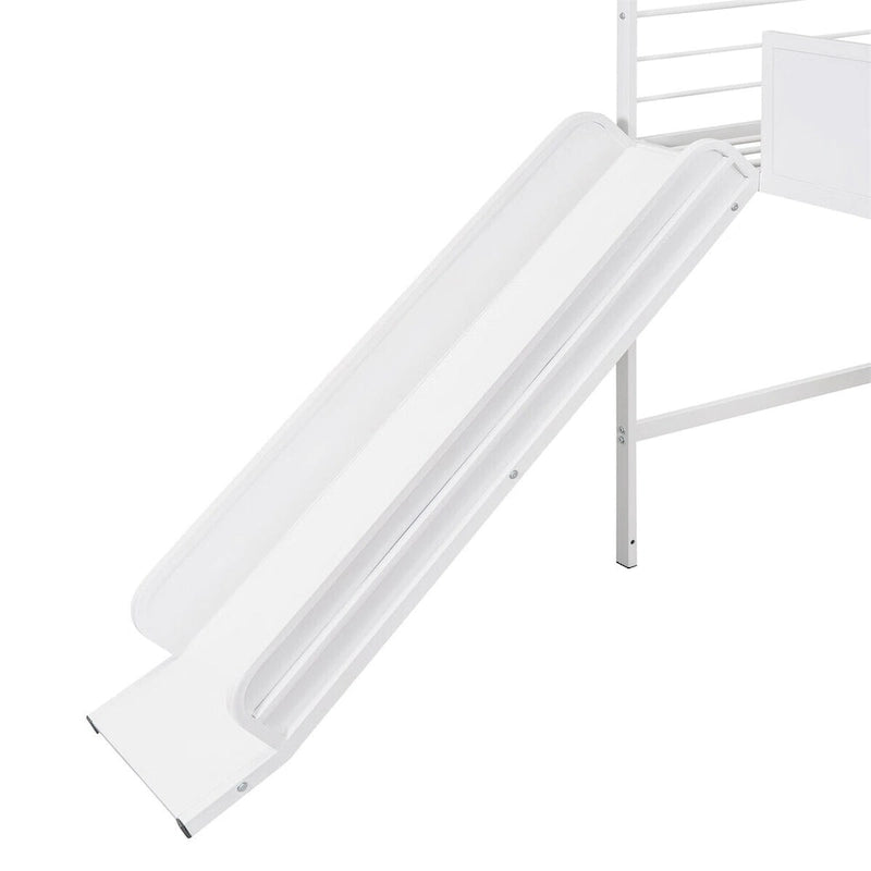 Metal Twin House Loft Bed with Two-sided writable Wooden Board, Slide