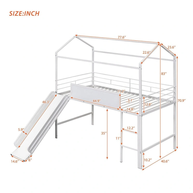 Metal Twin House Loft Bed with Two-sided writable Wooden Board, Slide