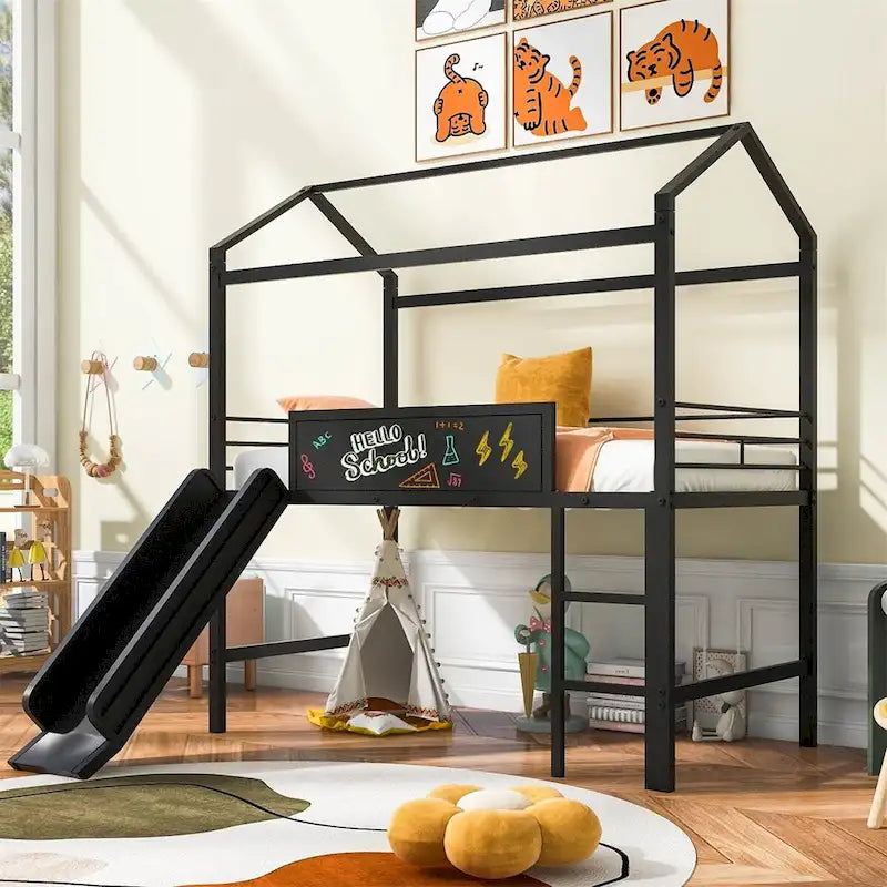 Metal Twin House Loft Bed with Two-sided writable Wooden Board, Slide
