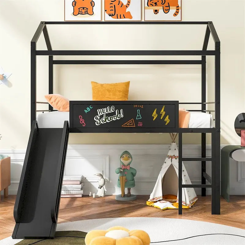 Metal Twin House Loft Bed with Two-sided writable Wooden Board, Slide