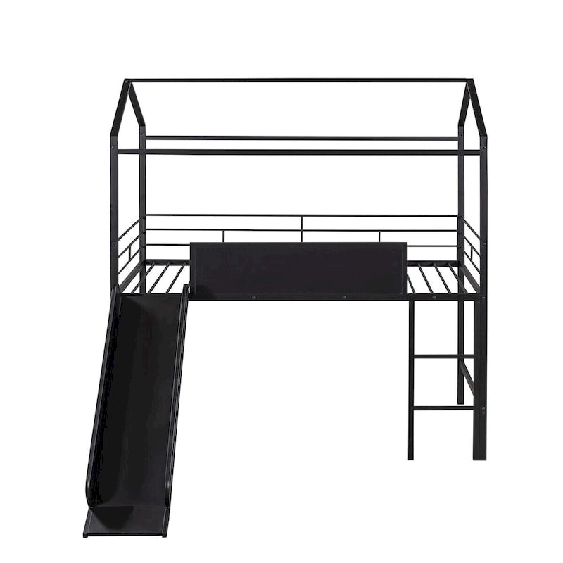 Metal Twin House Loft Bed with Two-sided writable Wooden Board, Slide