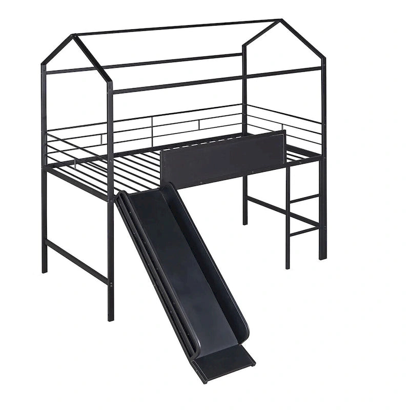 Metal Twin House Loft Bed with Two-sided writable Wooden Board, Slide