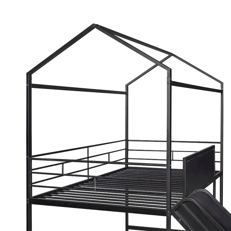 Metal Twin House Loft Bed with Two-sided writable Wooden Board, Slide