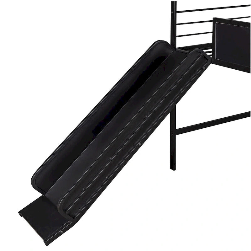 Metal Twin House Loft Bed with Two-sided writable Wooden Board, Slide