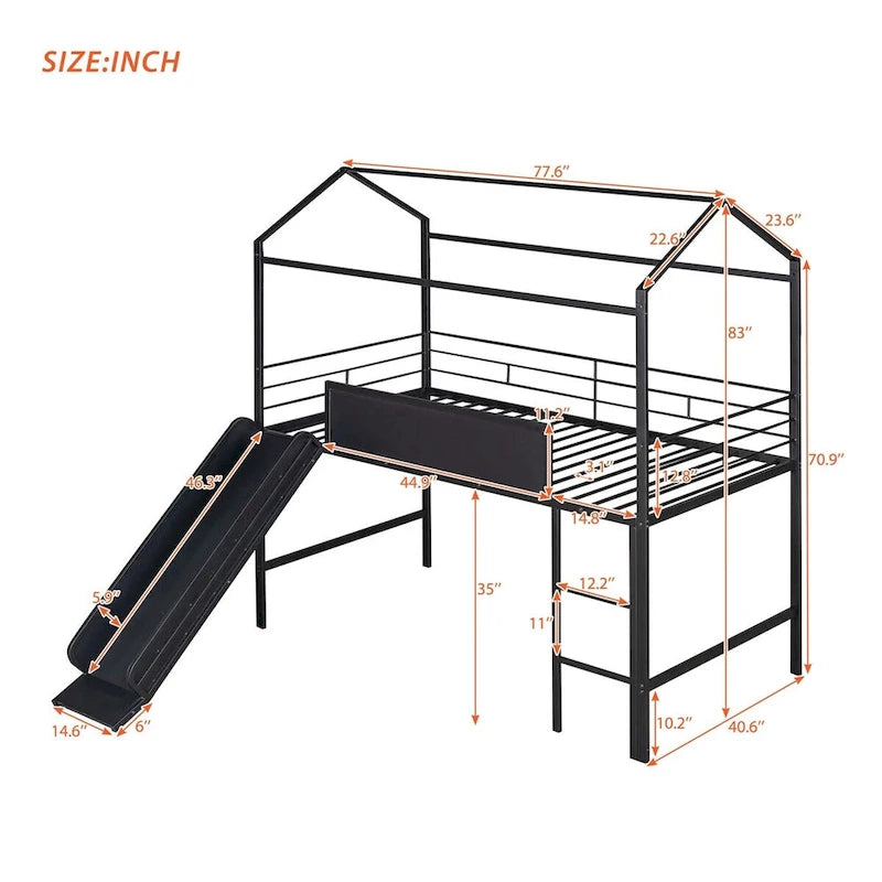 Metal Twin House Loft Bed with Two-sided writable Wooden Board, Slide